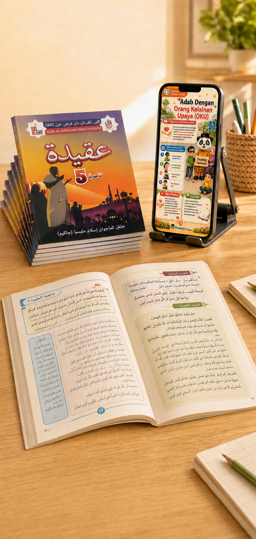 Buku teks KAFA, buku terbuka dan nota PandaiKids pada telefon di atas meja